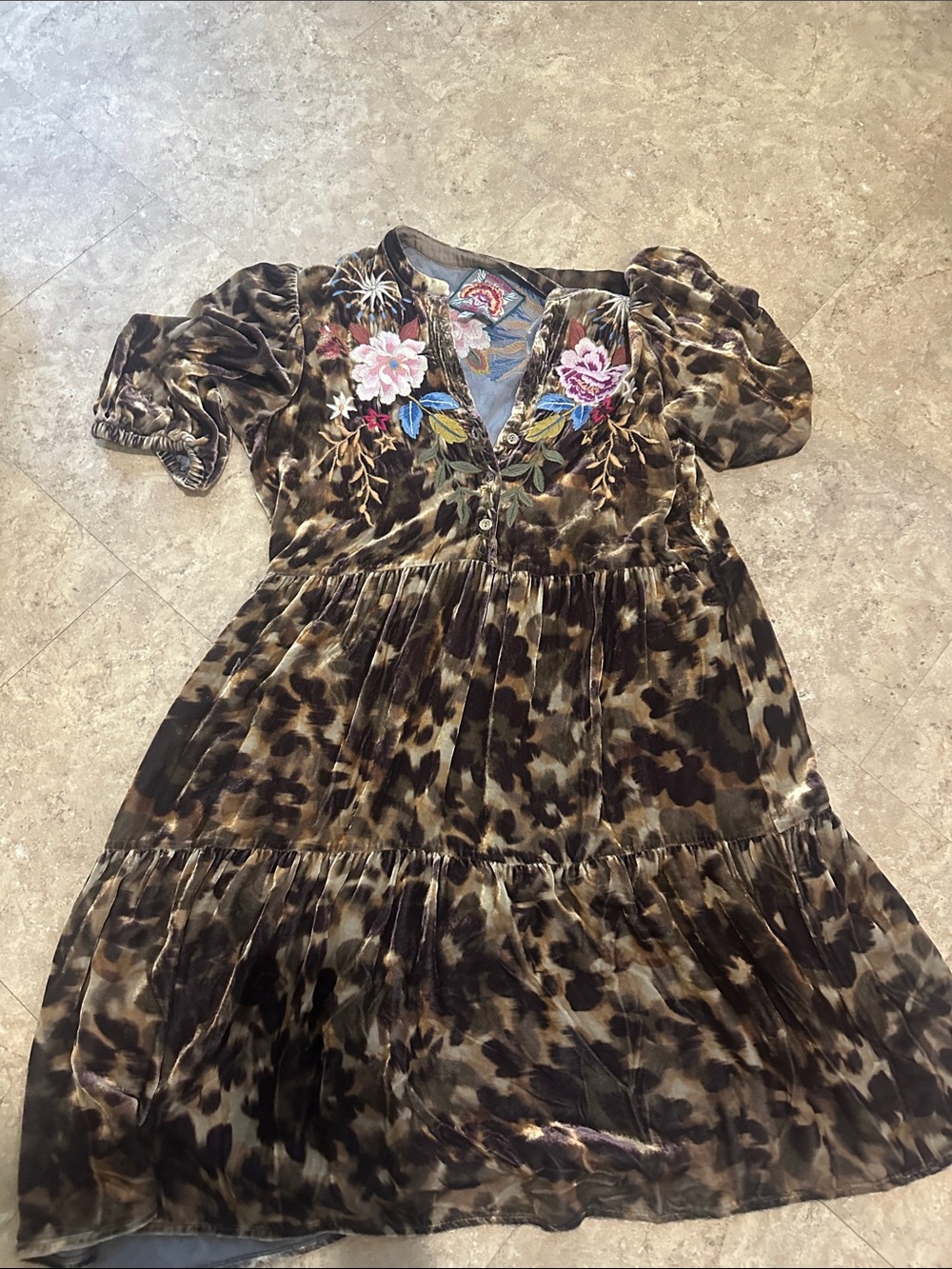 Johnny Was Brown Leopard-Print Midi Dress with Multicolor Floral Embroidery
